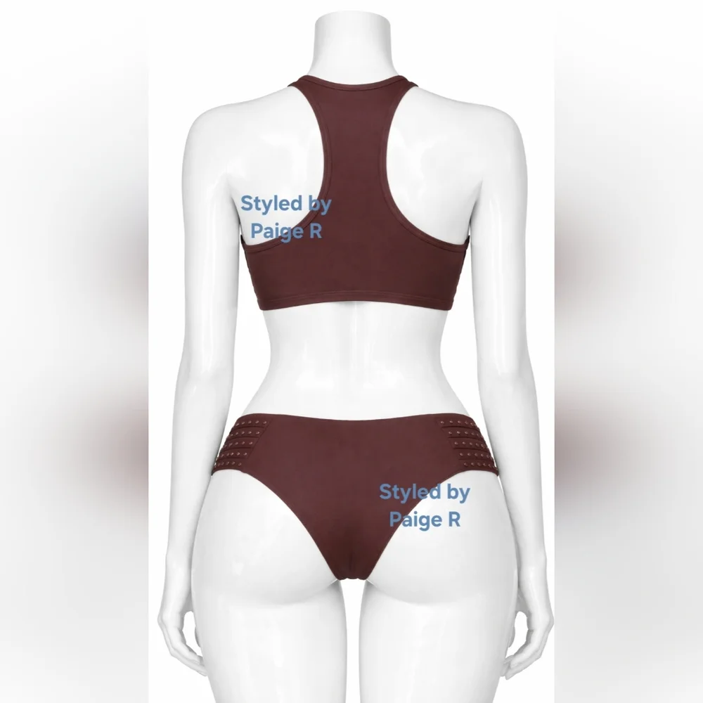 ❤️NWT SKIMS 2 Pc High neck racerback Swim Top Strappy Rhinestone Bikini COCOA 3X